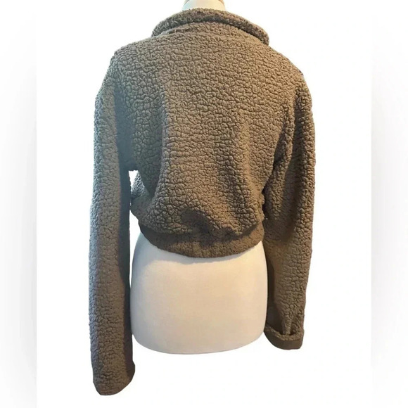 Brown Sherpa Zaful teddy Cropped pullover Size M 3/4 zip sweater womens crop top - Picture 4 of 6